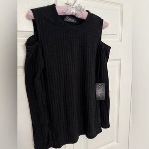 NWT Velucci Cold Shoulder Black Long Sleeve Ribbed Knit Top-Size L